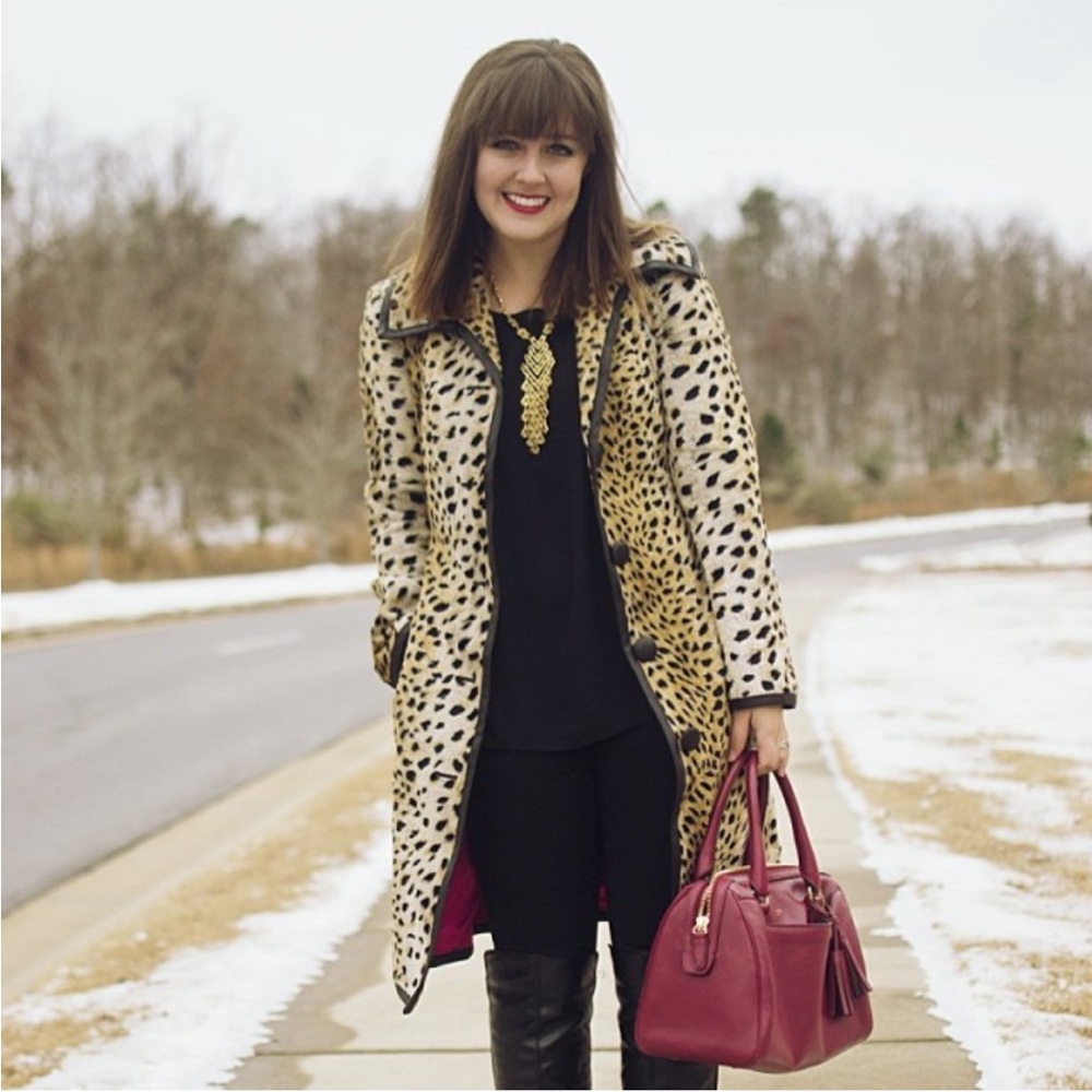 Vintage Trina Turk Animal Print Teddy Jacket with Black Trim